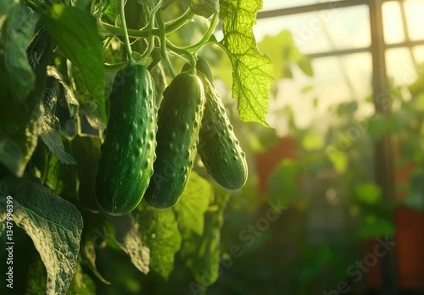 Obraz Fresh and vibrant cucumbers growing on lush green vines inside a sunny greenhouse showcasing agricultural productivity and delicious harvest potential