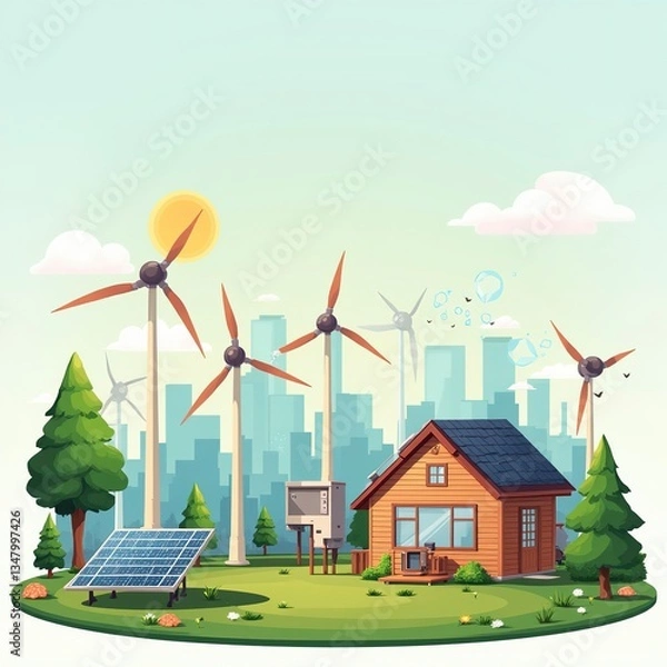 Fototapeta Wind turbines and solar panels integrated into the environment. Renewable eco-friendly energy sources.