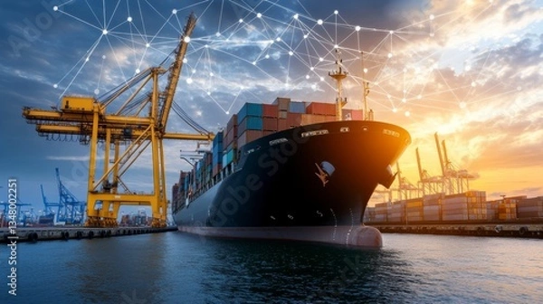 Fototapeta Large cargo ship at sunset, docked at a busy port with multiple cranes and containers. Golden hour lighting. Network connections are digitally overlaid.