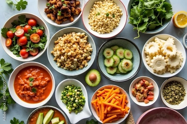 Fototapeta Vibrant farm-to-table cuisine showcasing an array of organic ingredients arranged artfully