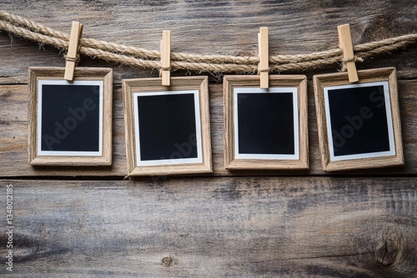 Fototapeta Four empty photo frames on a rope with wooden background ready for memories