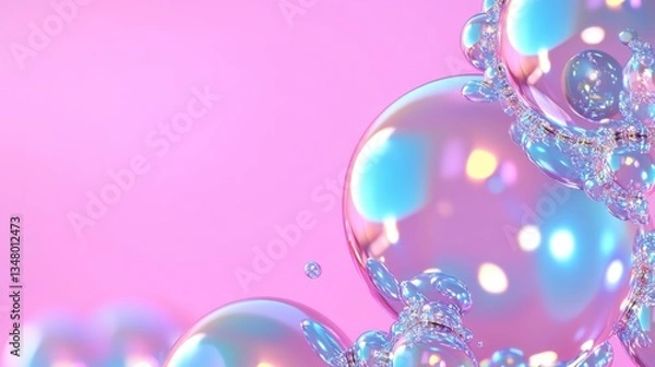 Fototapeta Abstract image featuring iridescent, spherical shapes of varying sizes against a soft pink background. The bubbles appear glossy and reflect light.