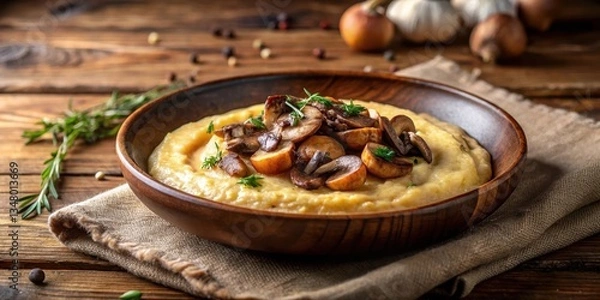 Obraz Savory Creamy Polenta Topped with Roasted Mushrooms and Fresh Herbs in Rustic Wooden Bowl