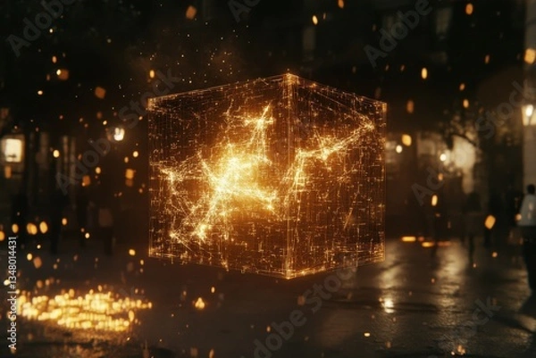 Fototapeta Glowing Cube with Digital Particles in Urban Night Scene