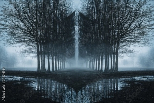 Fototapeta Serene Misty Forest Pathway with Reflections and Dark Trees