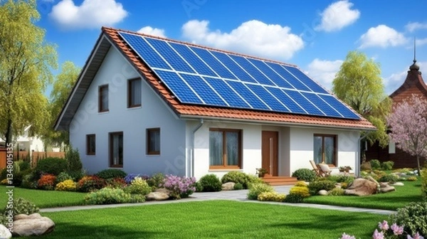 Fototapeta A modern suburban house with solar panels on the roof, nestled in a well maintained garden under a bright sunny sky.