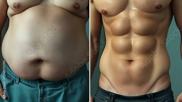 Fototapeta Before and after the transformation, on the one hand, a man with a fat belly, on the other- a man with a toned stomach. The concept of fitness, weight loss, progress