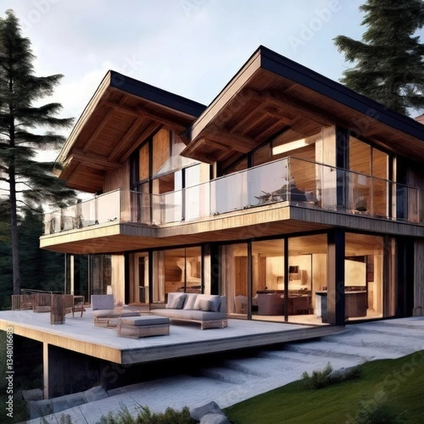 Fototapeta the AI Image Generator, Modern Wooden House in Forest Setting