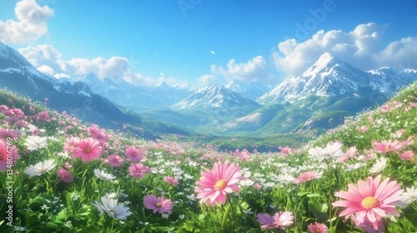 Obraz Flower Meadow Before Majestic Snowy Mountains