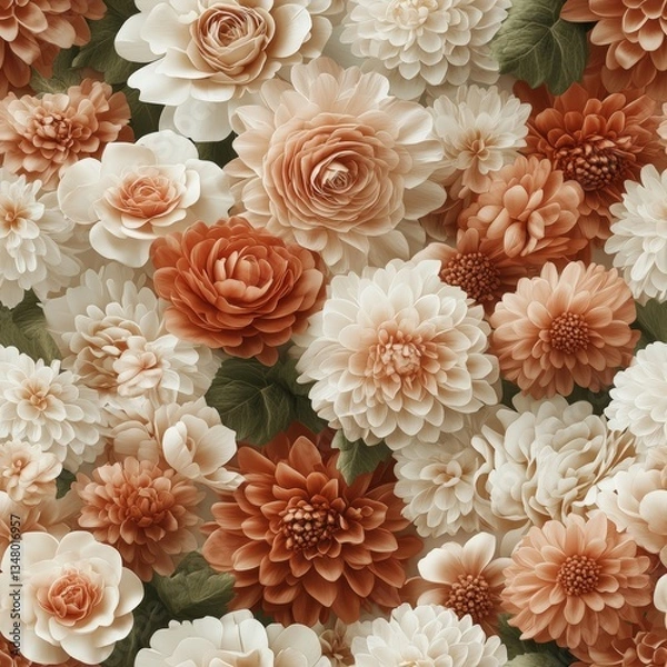 Fototapeta A Close-Up Display of Sculpted Creamy White and Burnt Orange Dahlia and Rose Blossoms Surrounded by Muted Green Accents in Beautiful Arrangement
