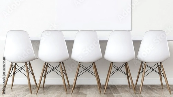 Fototapeta Empty white chairs at a meeting table in a modern office space