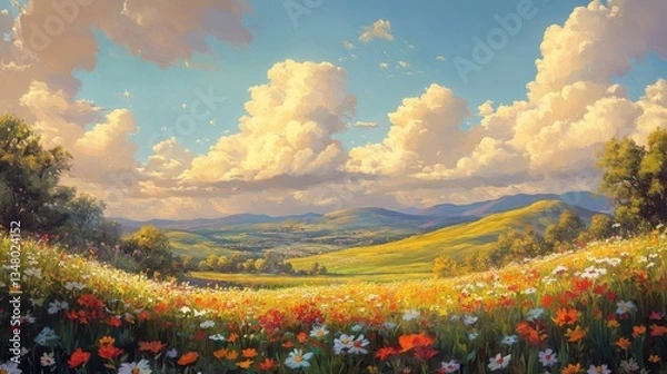 Obraz Vibrant Wildflower Meadow Under a Cloudy Summer Sky