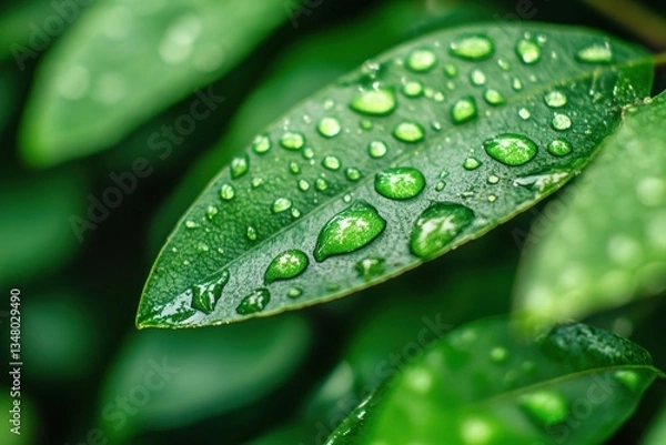 Fototapeta raindrops glistening on fresh green leaves with soft light