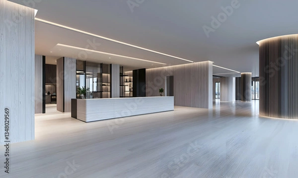 Fototapeta Modern Office Lobby Interior Design with Wooden Elements and Lights