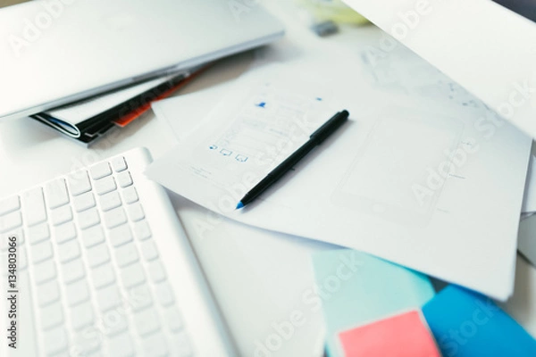 Fototapeta Designer desktop with sketches and computer