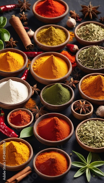 Fototapeta Top down view of spice and herb assortment on a black surface background. Copy space for text, advertisement, and banner. Collection of herbs and spices border frame. Abstract food wallpaper.