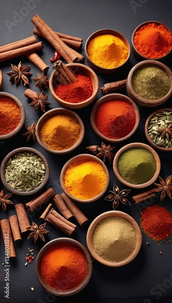 Fototapeta Top down view of spice and herb assortment on a black surface background. Copy space for text, advertisement, and banner. Collection of herbs and spices border frame. Abstract food wallpaper.