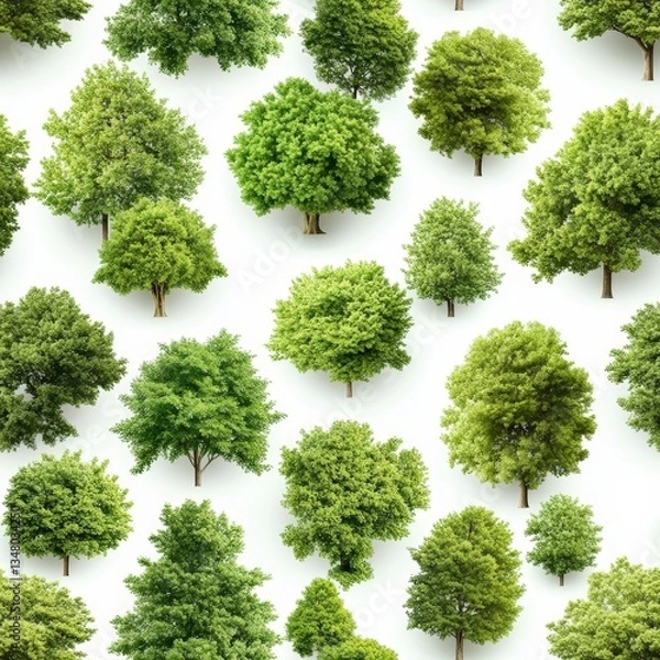 Obraz A Vibrant, Repeating Pattern of Lush Green Deciduous Trees Isolated on a Clean White Background Ideal for Nature-Themed Design and Background Use