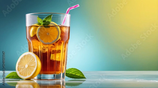 Fototapeta Glass cup of refreshing iced lemon tea drink with lemon slices. Drink wallpaper background. Dynamic lighting. Vibrant juicy ripe lemons. Simple plain soft colored background. Drink concept for ads