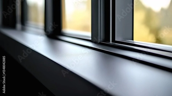 Fototapeta A close-up of a modern window frame with a sleek black design, reflecting soft sunlight, with a blurred view of yellow and green trees outside