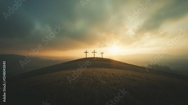 Obraz Wide panoramic view of three crosses on a hill with wind-blown grass at dawn.

