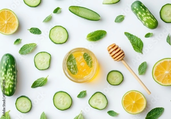 Obraz Refreshing cucumber mint beverage with slices of lime and lemon surrounded by fresh mint leaves and honey on a bright white background