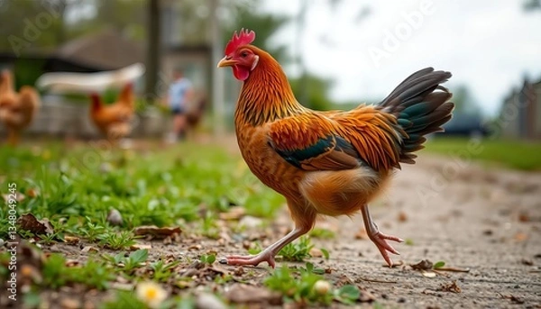 Fototapeta A vibrant rooster struts confidently along a garden path.