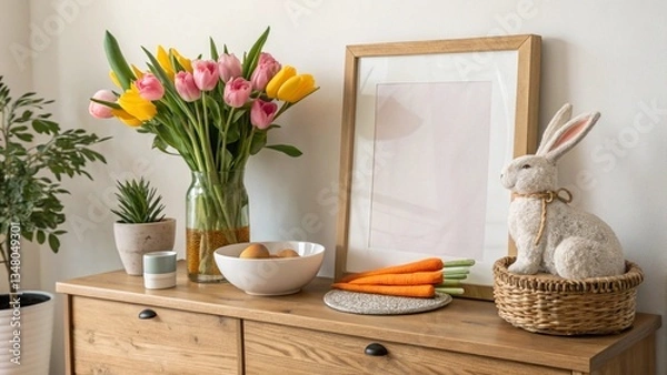Fototapeta Elegant Easter Decor with Tulips and Bunny Figurine.