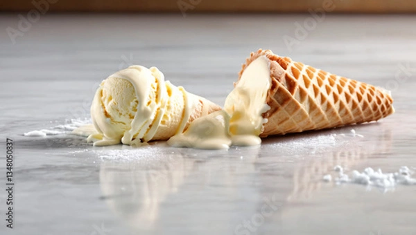 Fototapeta Fallen melted ice cream spills on the ground floor. Spilling vanilla ice cream cone. Dropping ice cream on the floor. Spilled ice cream lying on a floor surface