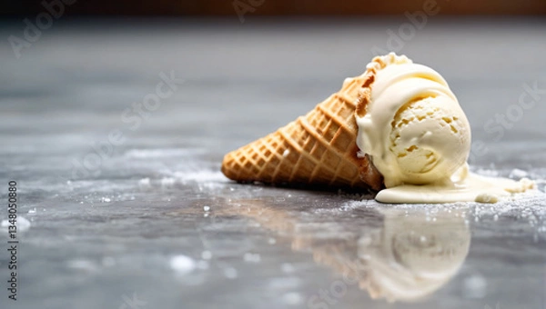 Fototapeta Fallen melted ice cream spills on the ground floor. Spilling vanilla ice cream cone. Dropping ice cream on the floor. Spilled ice cream lying on a floor surface