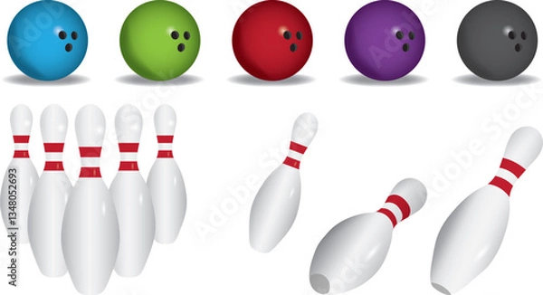 Fototapeta Sheet containing multiple colors of bowling ball and bowling pin illustrations