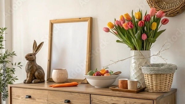 Fototapeta Elegant Easter Decor with Wooden Rabbit and Tulips.