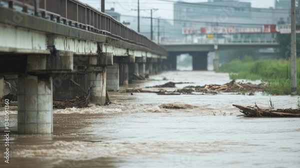 Fototapeta A bridge over a flooded river with floating debris