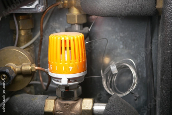 Fototapeta Equipment control valve with orange knob located in mechanical room