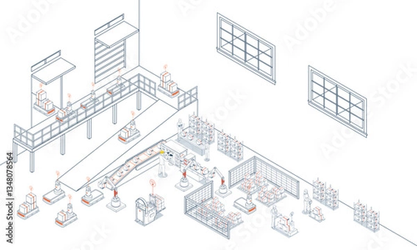 Obraz Smart logistics combines warehouse management with wireless technology and automated robots AGVs and AMRs for efficient material handling.