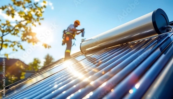 Fototapeta Solar Panel Installation: A Technician Working on a Residential Rooftop Solar Water Heater System