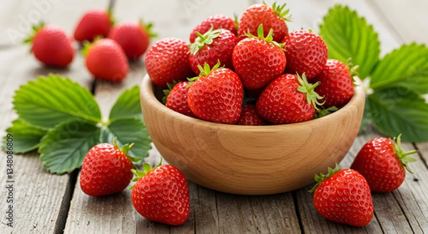 Fototapeta Rustic Charm: A Bowl of Fresh Strawberries with Scattered Leaves