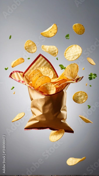 Fototapeta Bag of potato chips flying in the air isolated on a background. Dynamic angle of exploding chips against grey gradient background. Bag of exploding chips