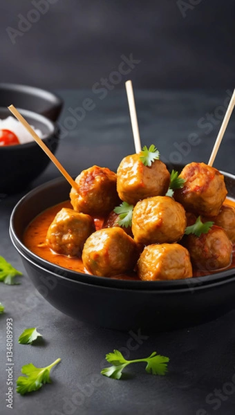 Fototapeta Piping hot steaming fresh tasty cooked curry fishball skewers with sauce in a bowl. Street food wallpaper concept. Macro close up