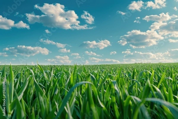Fototapeta Vibrant Color Visual of Fresh Grass and Beautiful Clouds in Spring Meadow Landscape