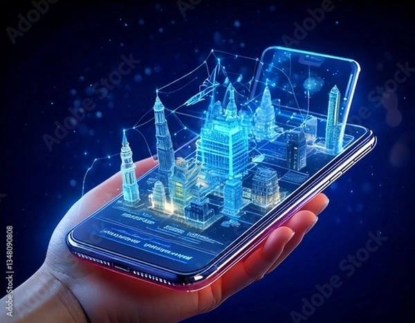 Fototapeta スマートフォンからホログラムのマップがでている