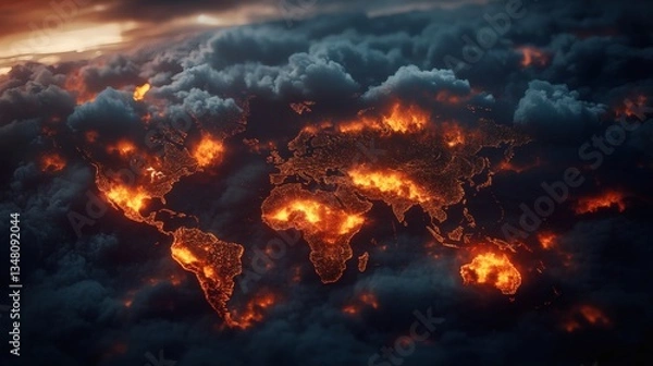 Fototapeta Abstract Fiery World Map Emerging from Dark Clouds Symbolizing Global Crisis and Climate Change