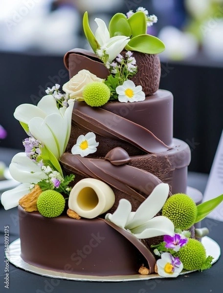 Obraz Elegant Chocolate Wedding Cake with Flowers