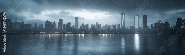 Fototapeta Moody city skyline under rain with reflections on water, creating a dramatic atmosphere.