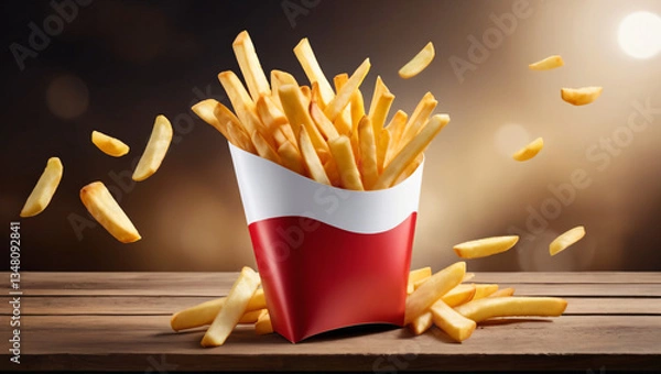Fototapeta Bag of french fries in a restaurant background. Fast food snack lunch wallpaper. Crispy vibrant savory golden texture.