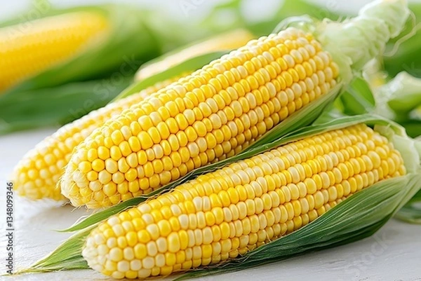 Obraz Fresh corn cobs on a light background with green leaves.