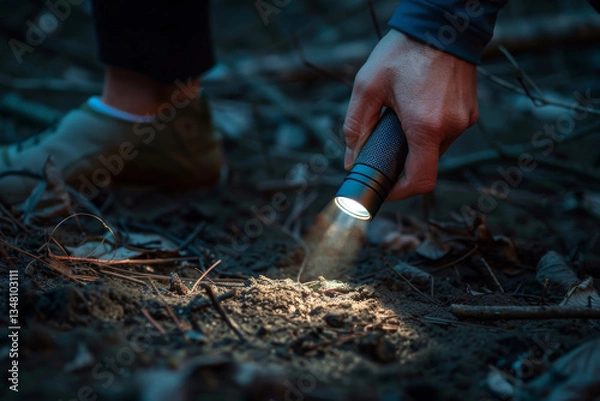 Fototapeta A close-up of a person's hand holding a flashlight, illuminating the ground in a dark forest or wilderness setting.
