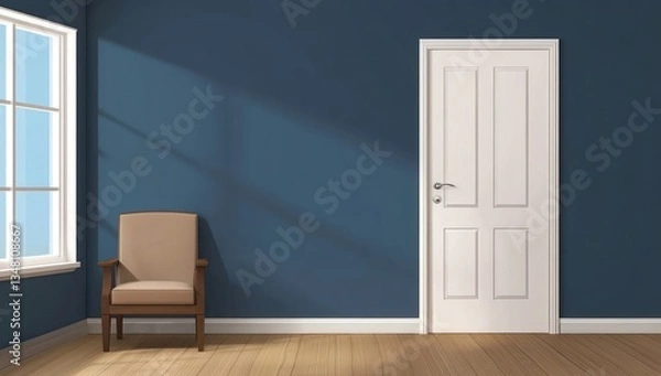 Fototapeta A blue walled room with a chair and a white door