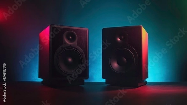 Fototapeta Two black studio monitor speakers on a dark surface illuminated by colorful spotlights. Perfect for music production, technology advertisements, or entertainment promotions.