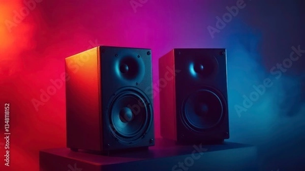 Fototapeta Two black studio monitor speakers on a dark surface illuminated by colorful spotlights. Perfect for music production, technology advertisements, or entertainment promotions.
